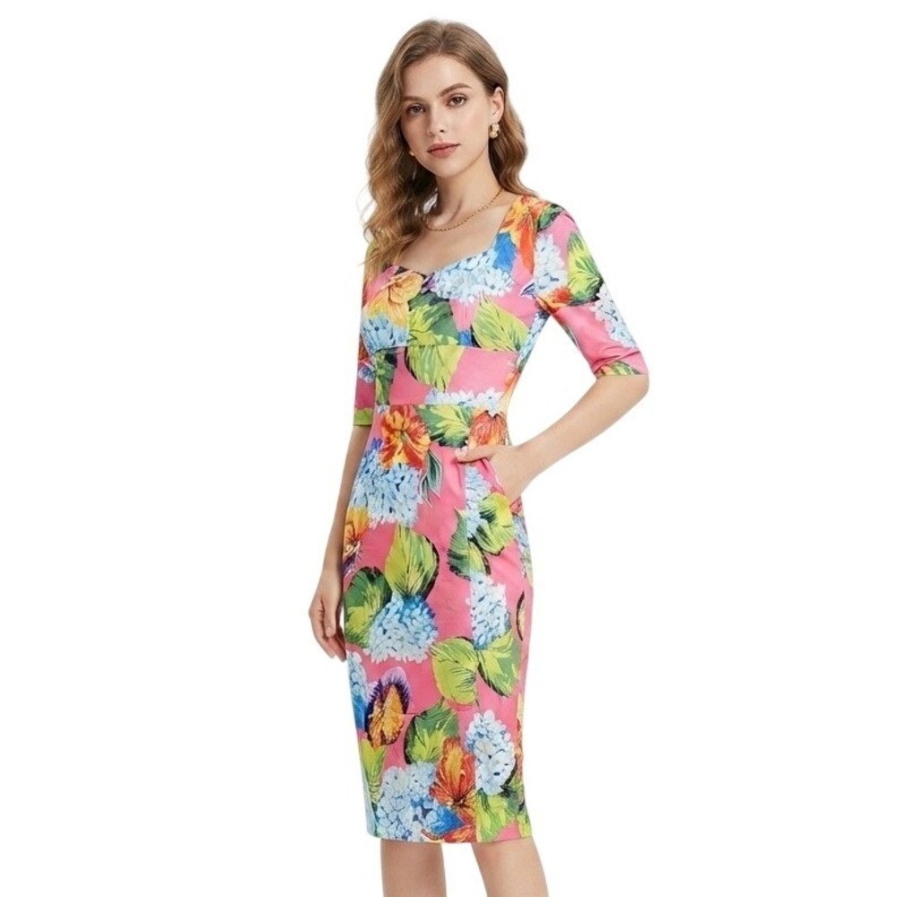 Kaimilan Women's Size 4 Colorful Floral Sweetheart Neck Summer Midi Sheath Dress